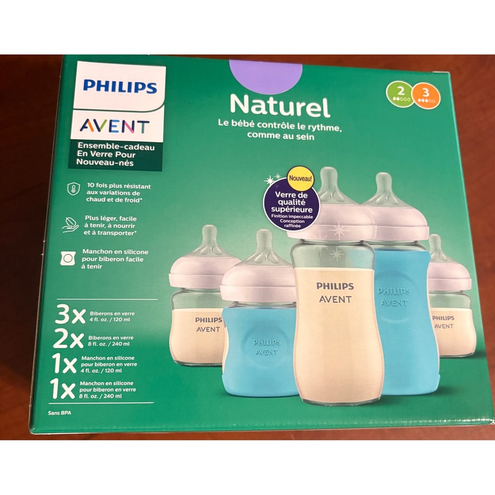 New Philips Avent Natural Newborn Glass Gift Set SCD303/01 Blue 5 Bottle Sleeves